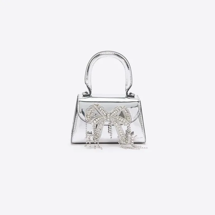 Self Portrait Micro Silver Metallic Micro Embellished Bow Bag 8211 Women