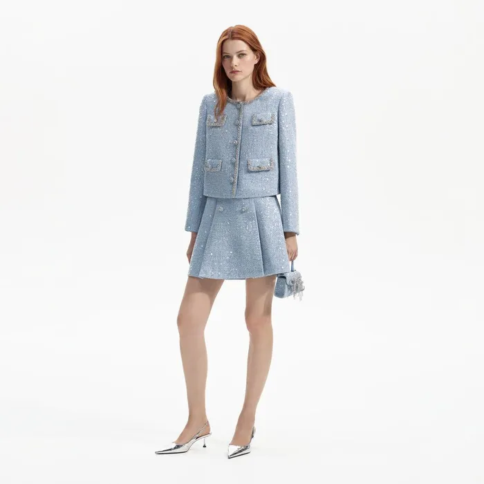 Self Portrait Outerwear Blue Sequin Boucle Jacket 8211 Women