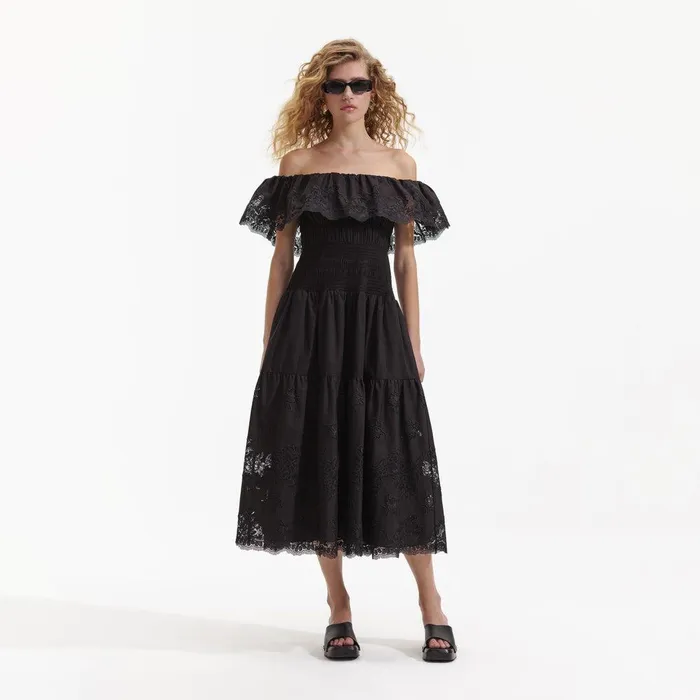 Self Portrait Swim and Resort Black Cotton Midi Dress 8211 Women