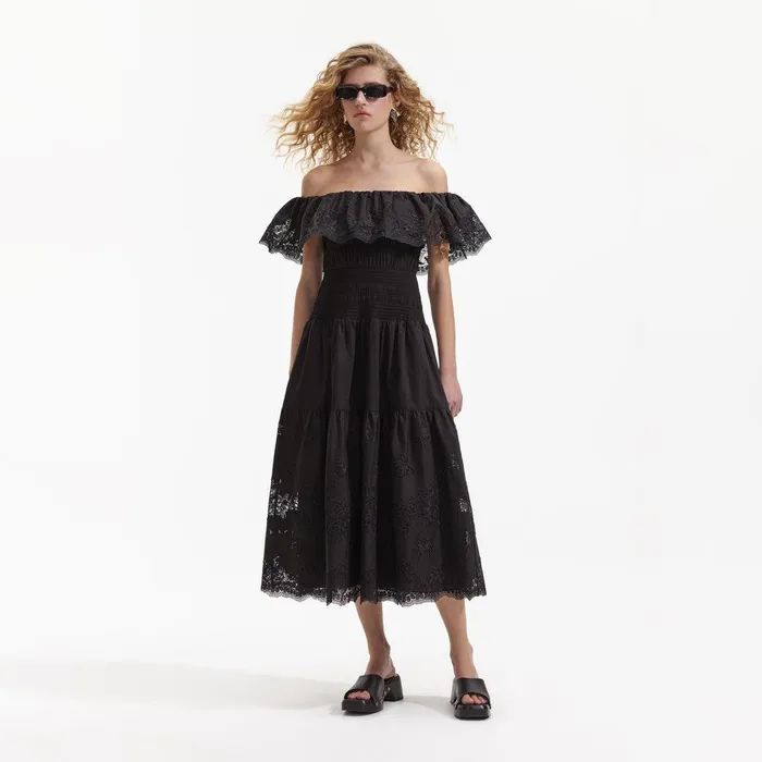 Self Portrait Swim and Resort Black Cotton Midi Dress 8211 Women