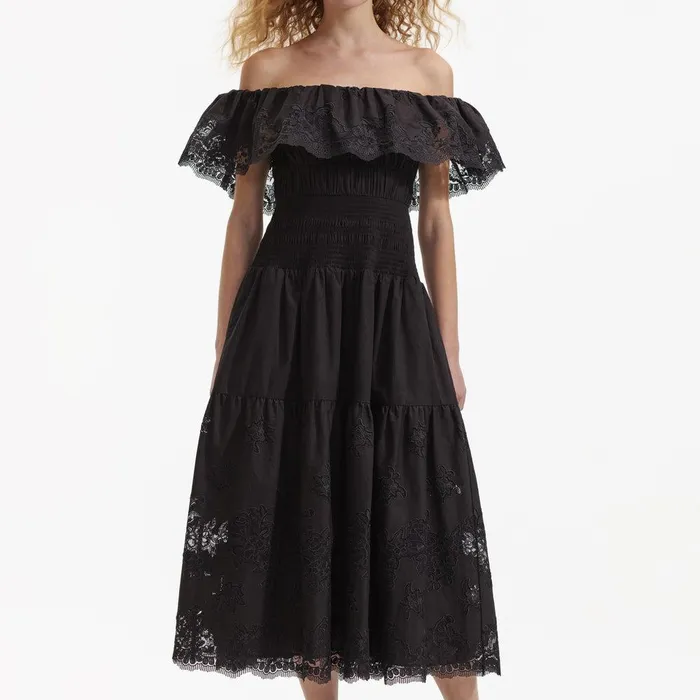 Self Portrait Swim and Resort Black Cotton Midi Dress 8211 Women