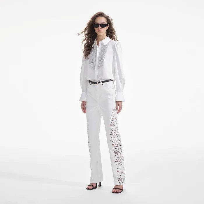 Self Portrait Tops White Satin Embellished Bib Blouse 8211 Women