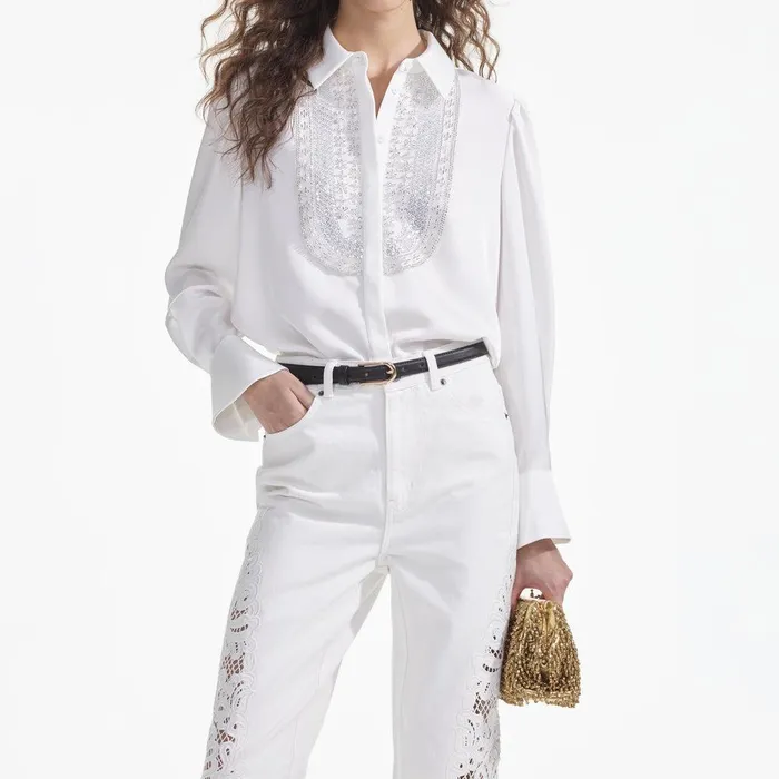 Self Portrait Tops White Satin Embellished Bib Blouse 8211 Women
