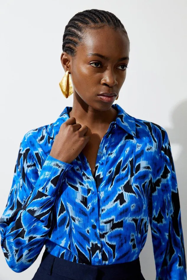 Shirts Women Karen Millen Blue Leaf Printed Woven Viscose Button Up Shirt Blue