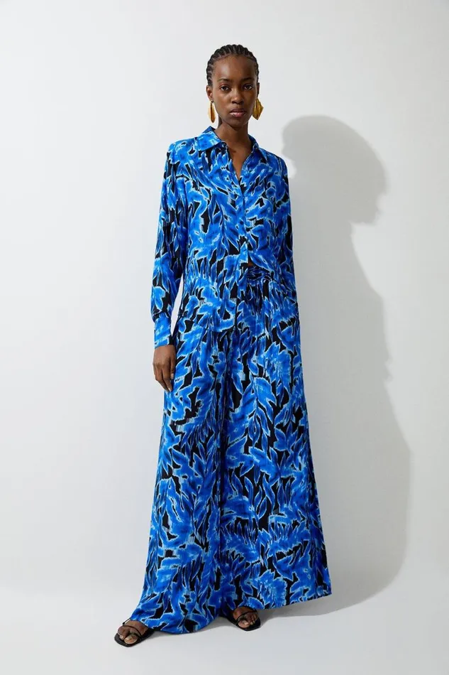 Shirts Women Karen Millen Blue Leaf Printed Woven Viscose Button Up Shirt Blue