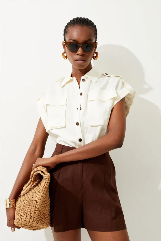 Shirts Women Karen Millen Premium Utility Linen Shirt Ivory