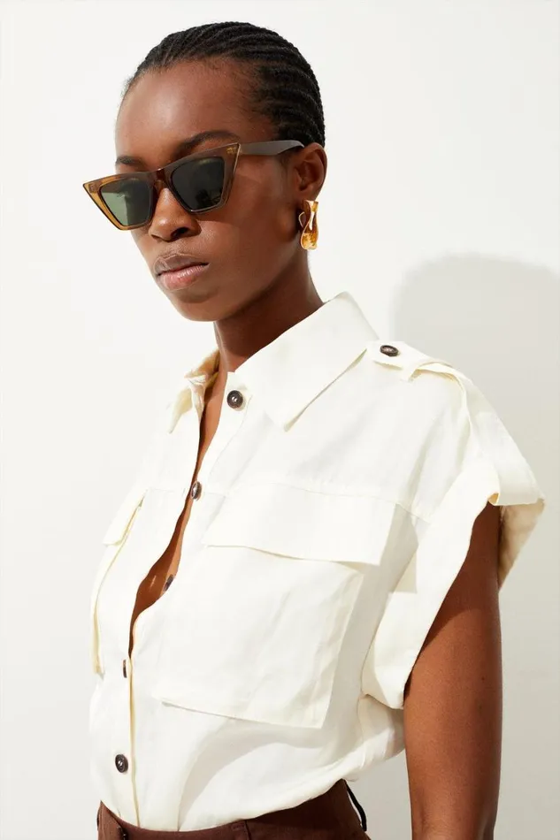 Shirts Women Karen Millen Premium Utility Linen Shirt Ivory