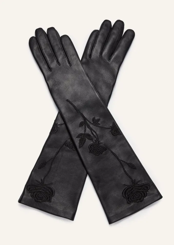 Shop Magda Butrym Accessories Leather Gloves In Black Flower Embroidery