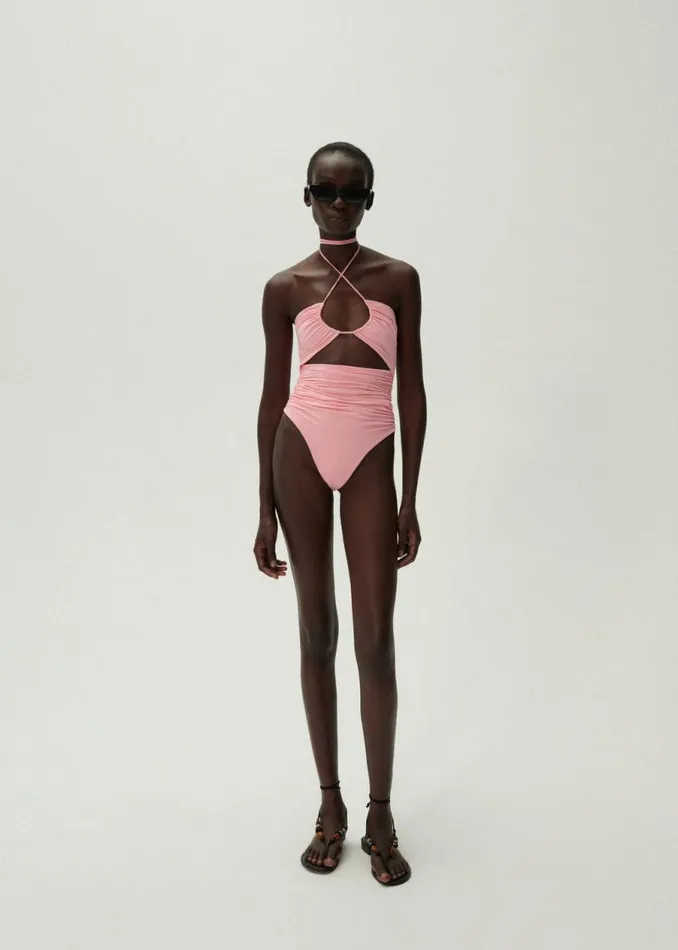 Shop Magda Butrym Beachwear Criss Cross Halter Swimsuit In Pink Shop Magda Butrym Beachwear Criss Cross Halter Swimsuit In Pink
