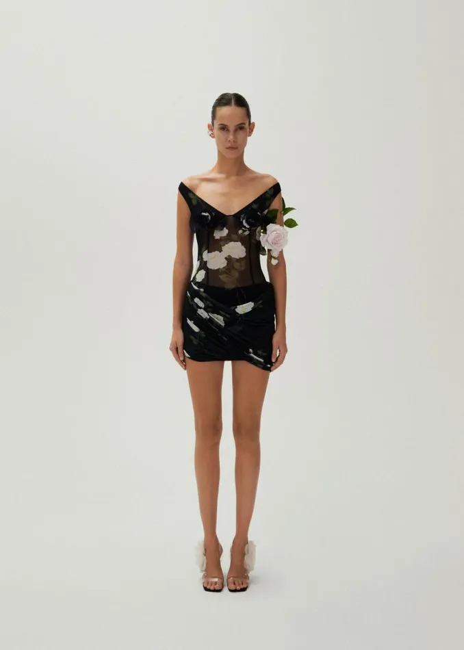 Shop Magda Butrym Dresses Flower Bra Mesh Mini Dress In Black Print Shop Magda Butrym Dresses Flower Bra Mesh Mini Dress In Black Print