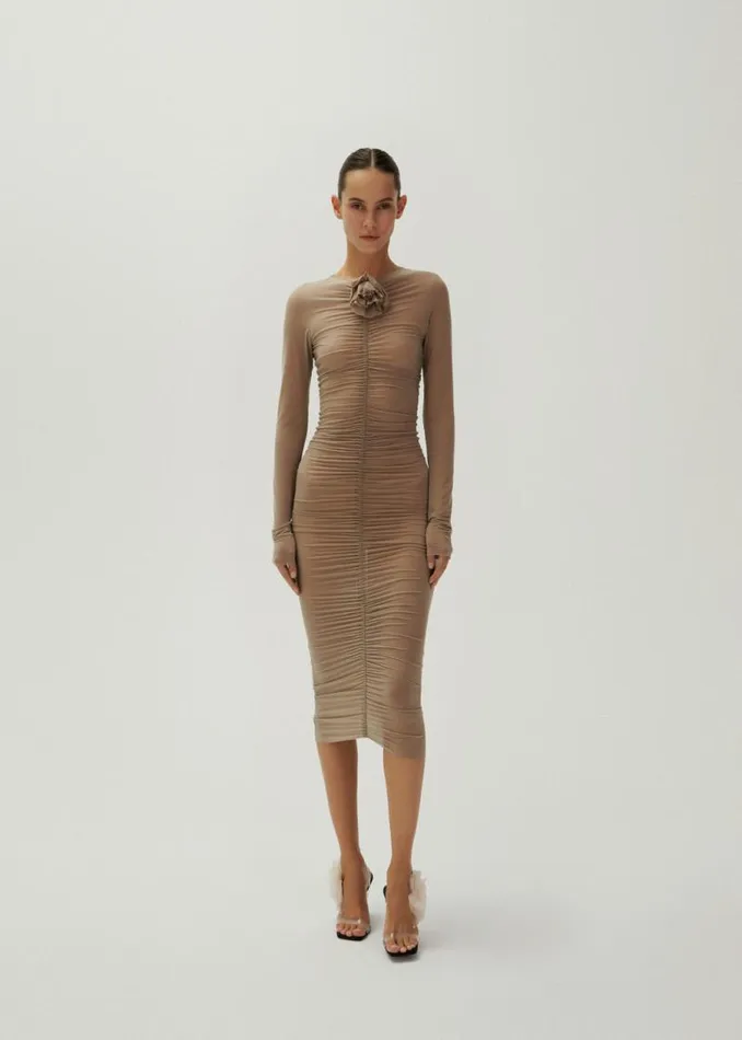 Shop Magda Butrym Dresses Gathered Jersey Midi Dress In Beige Shop Magda Butrym Dresses Gathered Jersey Midi Dress In Beige