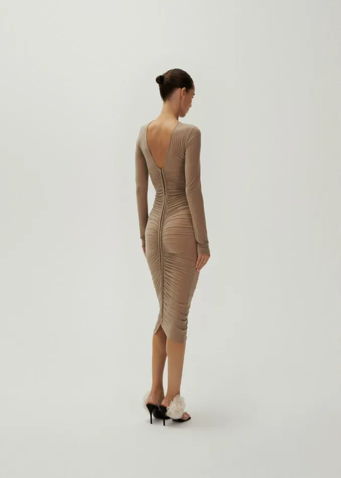 Shop Magda Butrym Dresses Gathered Jersey Midi Dress In Beige Shop Magda Butrym Dresses Gathered Jersey Midi Dress In Beige