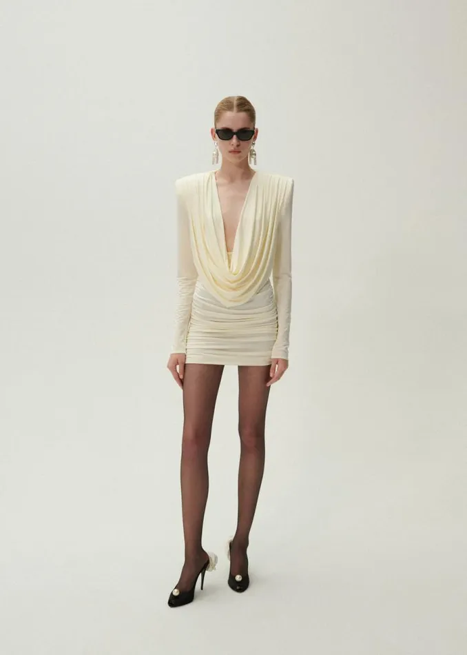 Shop Magda Butrym Dresses Long Sleeve Draped Mini Dress In Cream Shop Magda Butrym Dresses Long Sleeve Draped Mini Dress In Cream