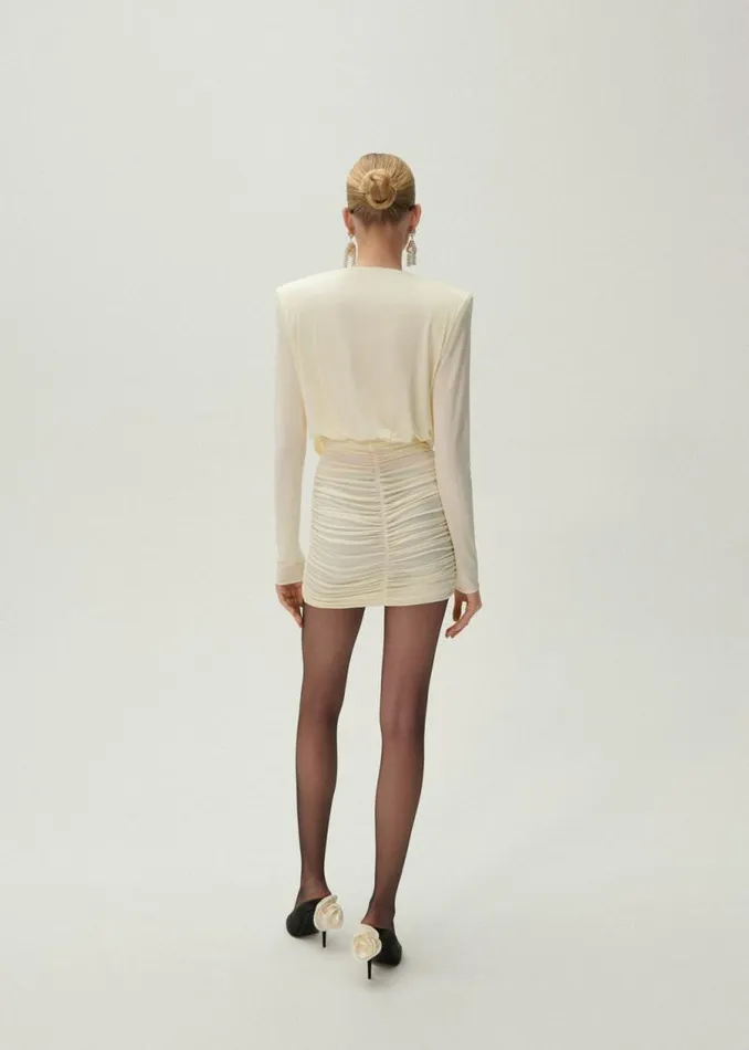 Shop Magda Butrym Dresses Long Sleeve Draped Mini Dress In Cream Shop Magda Butrym Dresses Long Sleeve Draped Mini Dress In Cream