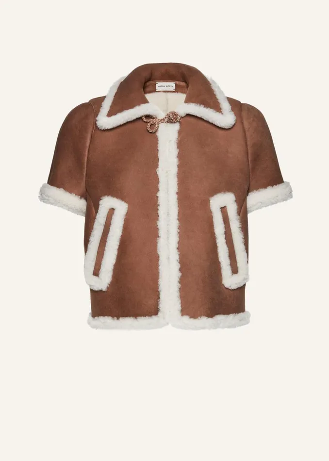 Shop Magda Butrym Leather And Shearling Short Sleeve Shearling Jacket In Beige Shop Magda Butrym Leather And Shearling Short Sleeve Shearling Jacket In Beige