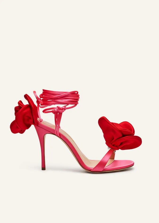 Shop Magda Butrym Shoes Double Red Flower Heel Sandals In Fuchsia Satin