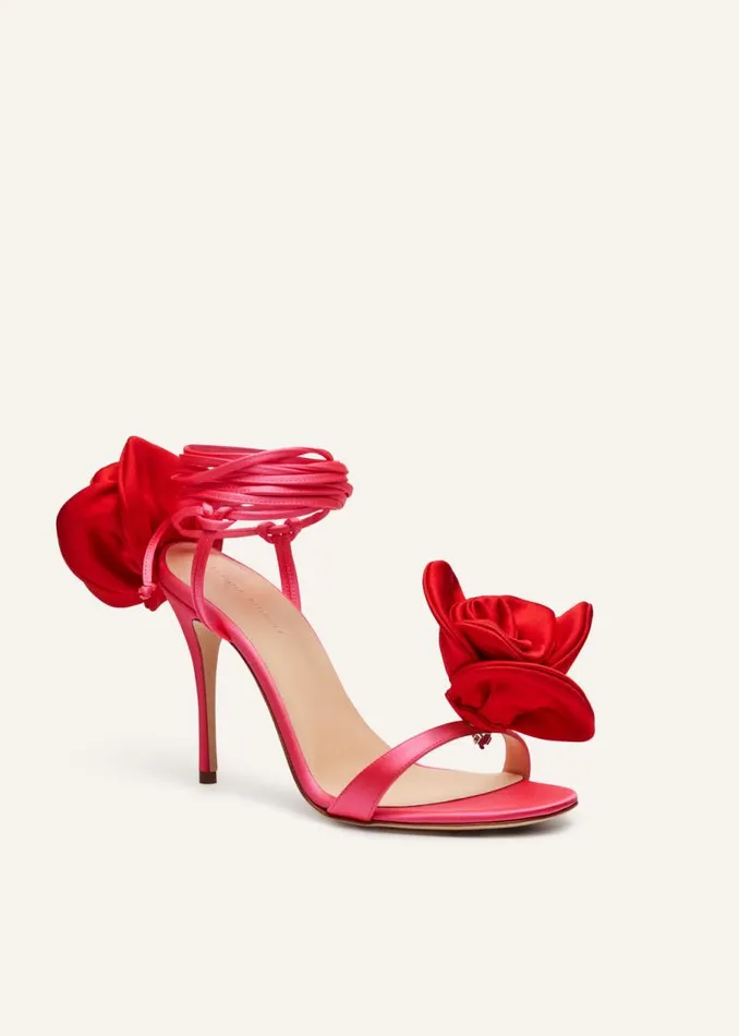 Shop Magda Butrym Shoes Double Red Flower Heel Sandals In Fuchsia Satin Shop Magda Butrym Shoes Double Red Flower Heel Sandals In Fuchsia Satin