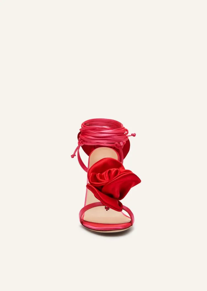 Shop Magda Butrym Shoes Double Red Flower Heel Sandals In Fuchsia Satin Shop Magda Butrym Shoes Double Red Flower Heel Sandals In Fuchsia Satin