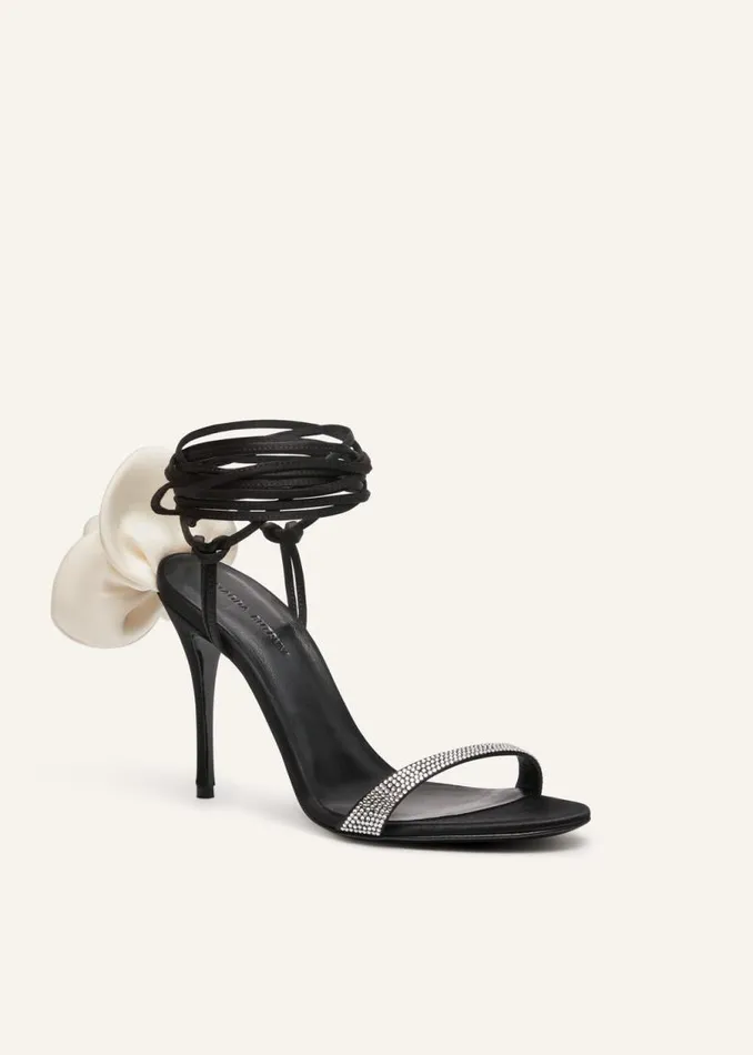 Shop Magda Butrym Shoes Ivory Flower Wrap Around Black Satin HeeI Sandals With Strass Shop Magda Butrym Shoes Ivory Flower Wrap Around Black Satin HeeI Sandals With Strass