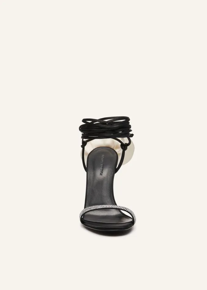 Shop Magda Butrym Shoes Ivory Flower Wrap Around Black Satin HeeI Sandals With Strass Shop Magda Butrym Shoes Ivory Flower Wrap Around Black Satin HeeI Sandals With Strass
