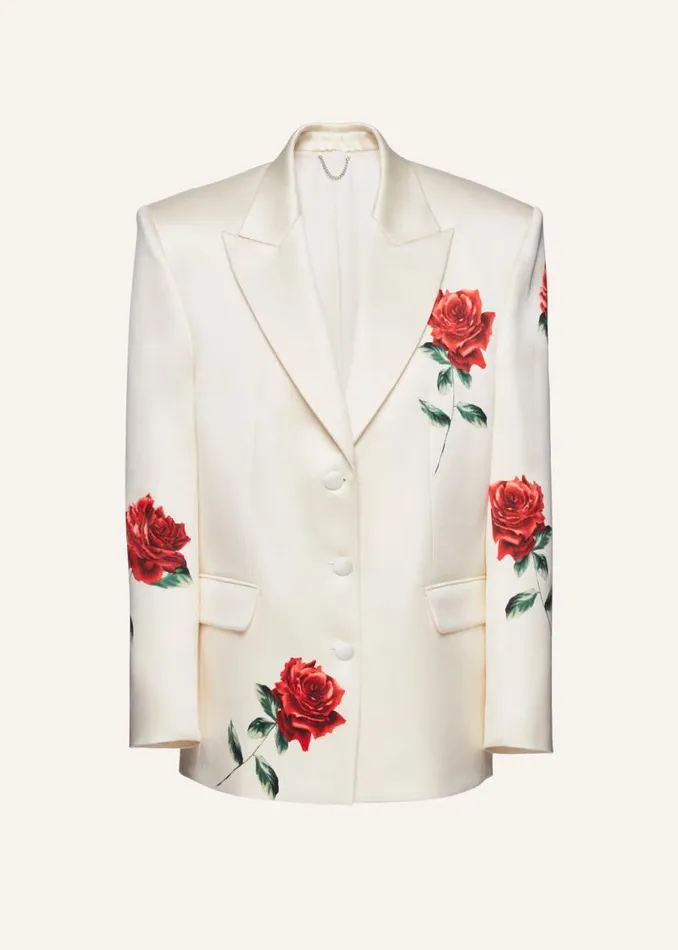 Shop Magda Butrym Tailoring And Suits Rose Stamped Oversized Silk Blazer In Cream