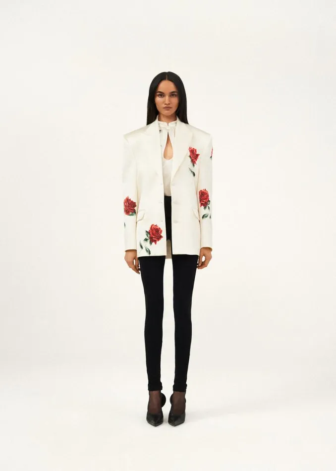 Shop Magda Butrym Tailoring And Suits Rose Stamped Oversized Silk Blazer In Cream Shop Magda Butrym Tailoring And Suits Rose Stamped Oversized Silk Blazer In Cream