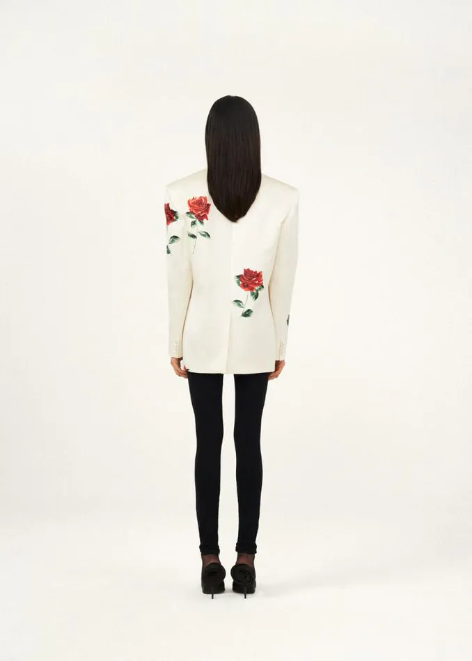 Shop Magda Butrym Tailoring And Suits Rose Stamped Oversized Silk Blazer In Cream Shop Magda Butrym Tailoring And Suits Rose Stamped Oversized Silk Blazer In Cream