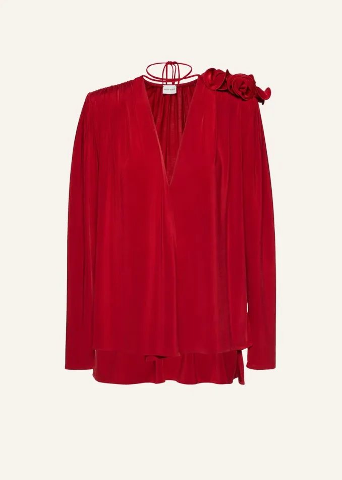 Shop Magda Butrym Tops Classic Shirred Flower Blouse In Red