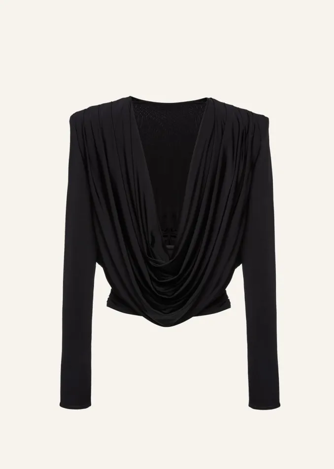 Shop Magda Butrym Tops Long Sleeve Draped Jersey Blouse In Black Shop Magda Butrym Tops Long Sleeve Draped Jersey Blouse In Black