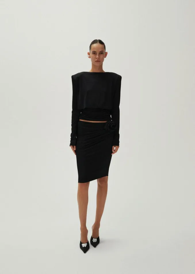 Shop Magda Butrym Tops Long Sleeve Draped Jersey Blouse In Black Shop Magda Butrym Tops Long Sleeve Draped Jersey Blouse In Black