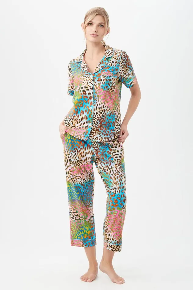 SHOP Trina Turk WOMEN039S SLEEPWEAR SPRAY LEOPARD WOMEN039S SHORT SLEEVE CROPPED PANT JERSEY PJ SET