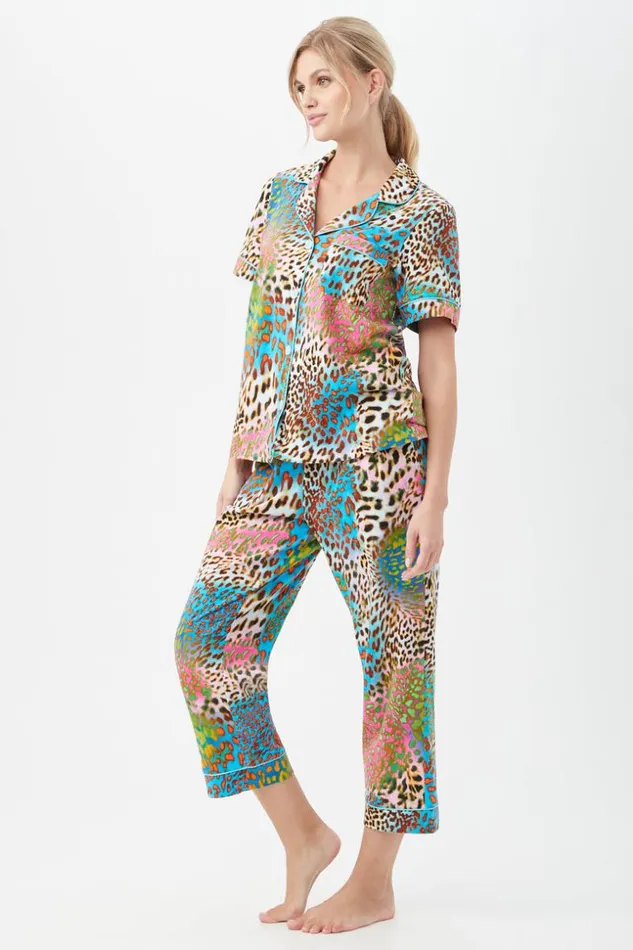 SHOP Trina Turk WOMEN039S SLEEPWEAR SPRAY LEOPARD WOMEN039S SHORT SLEEVE CROPPED PANT JERSEY PJ SET