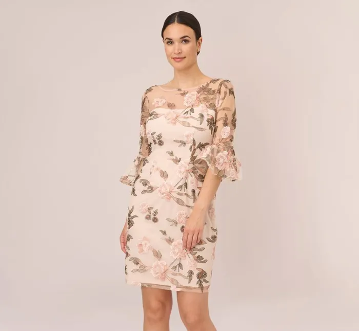 Short Dresses Womens Adrianna Papell Floral Embroidered Bell Sleeve Sheath Dress In Blush Multi Short Dresses Womens Adrianna Papell Floral Embroidered Bell Sleeve Sheath Dress In Blush Multi