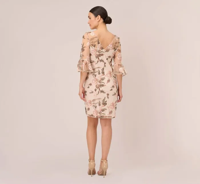Short Dresses Womens Adrianna Papell Floral Embroidered Bell Sleeve Sheath Dress In Blush Multi
