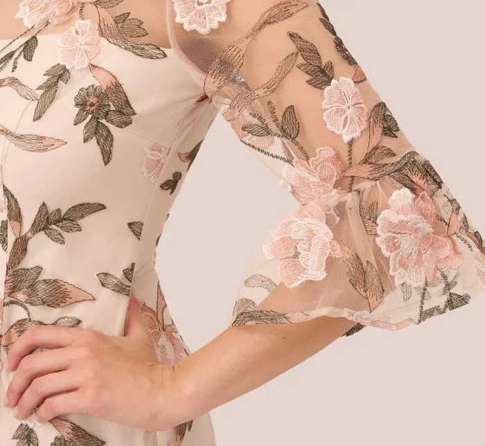 Short Dresses Womens Adrianna Papell Floral Embroidered Bell Sleeve Sheath Dress In Blush Multi