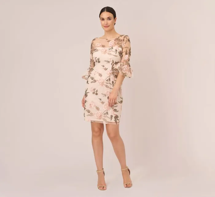 Short Dresses Womens Adrianna Papell Floral Embroidered Bell Sleeve Sheath Dress In Blush Multi