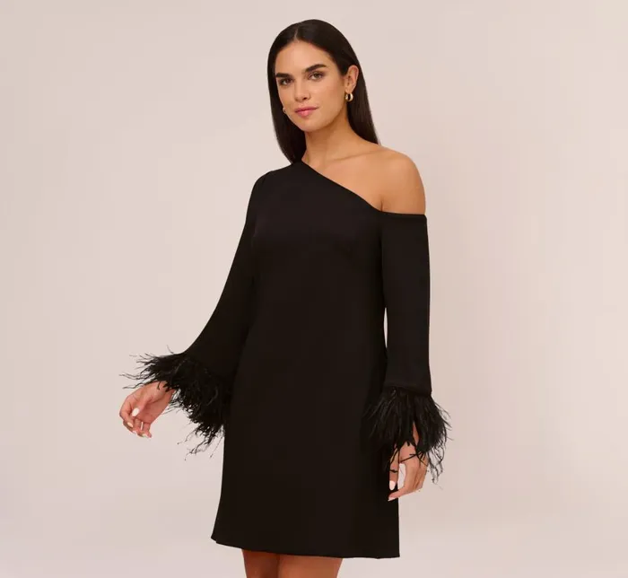 Short Dresses Womens Adrianna Papell Knit Crepe One Shoulder Long Sleeve Dress With Feather Accents In Black Short Dresses Womens Adrianna Papell Knit Crepe One Shoulder Long Sleeve Dress With Feather Accents In Black