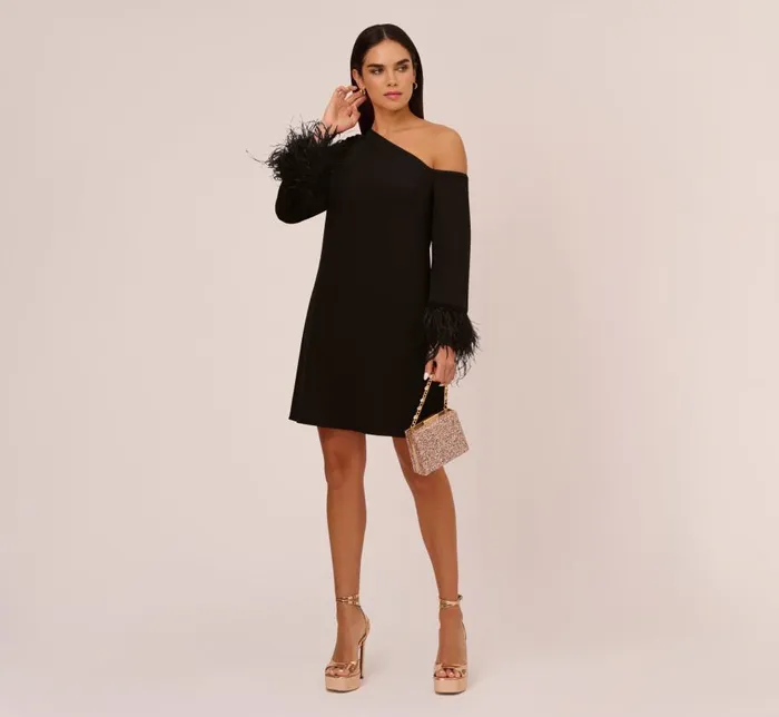 Short Dresses Womens Adrianna Papell Knit Crepe One Shoulder Long Sleeve Dress With Feather Accents In Black