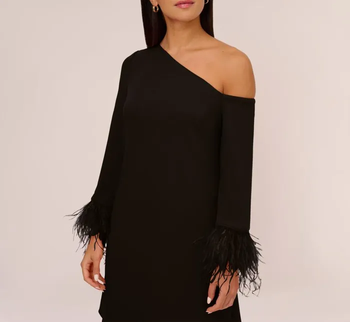 Short Dresses Womens Adrianna Papell Knit Crepe One Shoulder Long Sleeve Dress With Feather Accents In Black