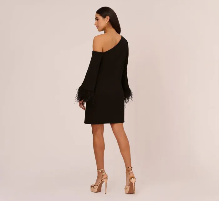 Short Dresses Womens Adrianna Papell Knit Crepe One Shoulder Long Sleeve Dress With Feather Accents In Black