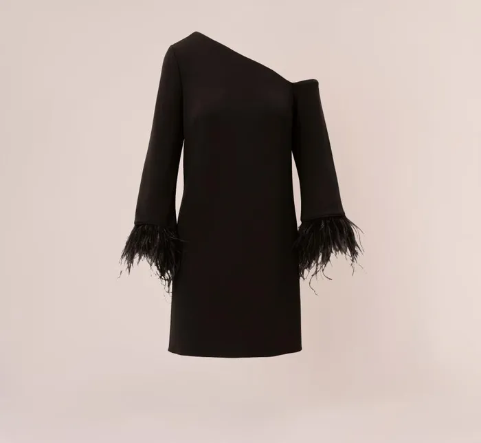 Short Dresses Womens Adrianna Papell Knit Crepe One Shoulder Long Sleeve Dress With Feather Accents In Black