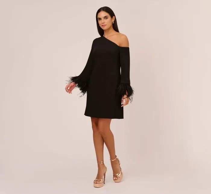 Short Dresses Womens Adrianna Papell Knit Crepe One Shoulder Long Sleeve Dress With Feather Accents In Black