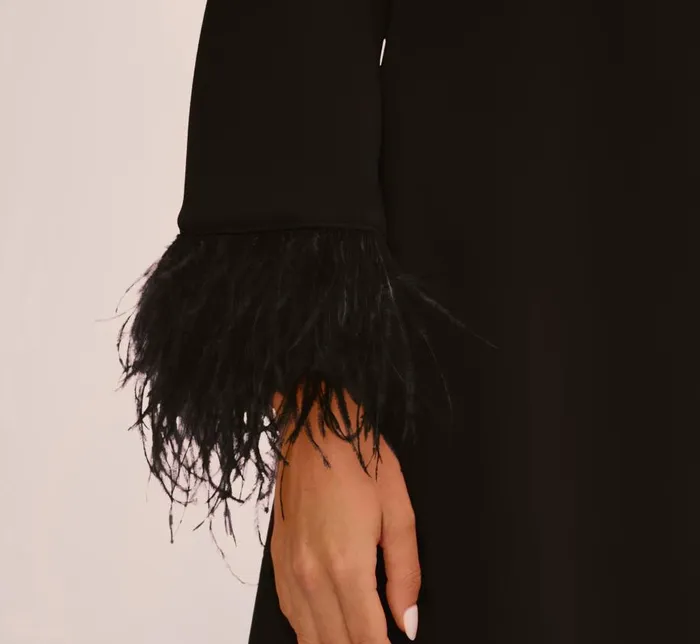 Short Dresses Womens Adrianna Papell Knit Crepe One Shoulder Long Sleeve Dress With Feather Accents In Black