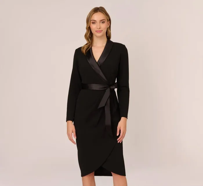 Short Dresses Womens Adrianna Papell Knit Crepe Tuxedo Sheath Dress In Black