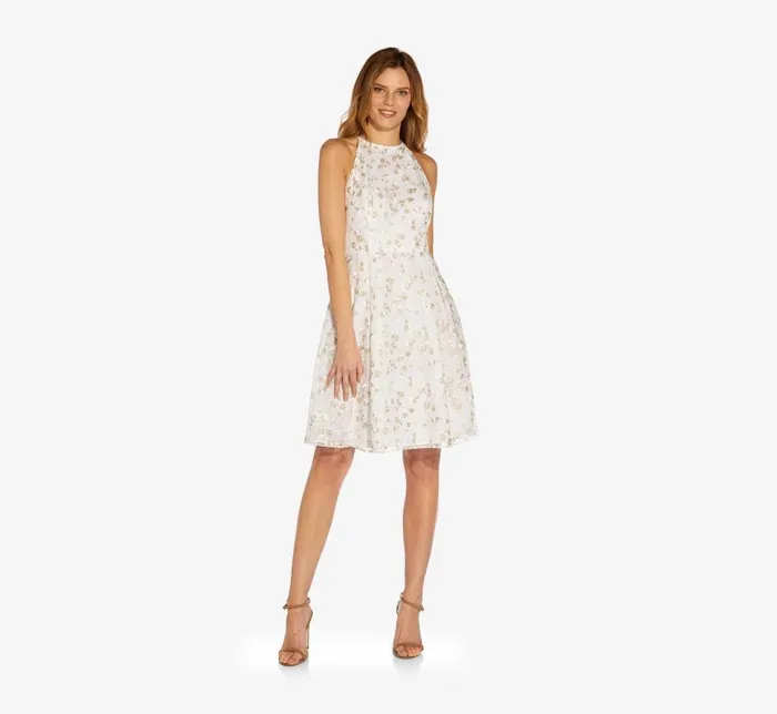 Short Dresses Womens Adrianna Papell Metallic Floral Embroidered Short FitAndFlare Dress In Ivory Gold