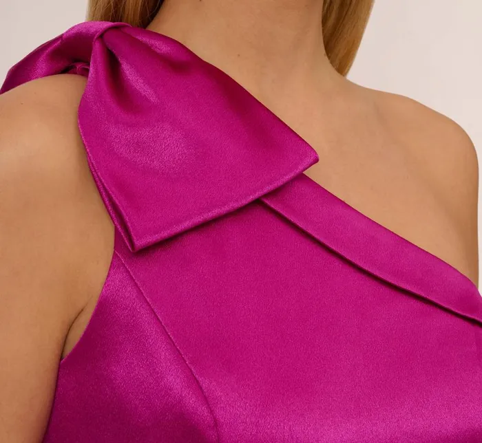 Short Dresses Womens Adrianna Papell OneShoulder Satin Charmeuse Asymmetrical Short Sheath Cocktail Dress In Magenta