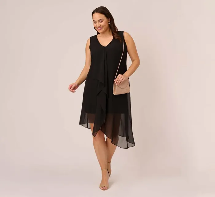 Short Dresses Womens Adrianna Papell Plus Size Sleeveless Chiffon Dress With Cascading Details In Black