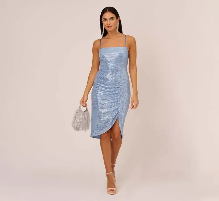 Short Dresses Womens Adrianna Papell Sequin Knit Cocktail Dress With Ruched Details In Air Force