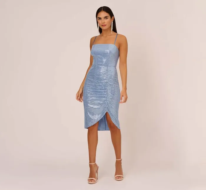 Short Dresses Womens Adrianna Papell Sequin Knit Cocktail Dress With Ruched Details In Air Force