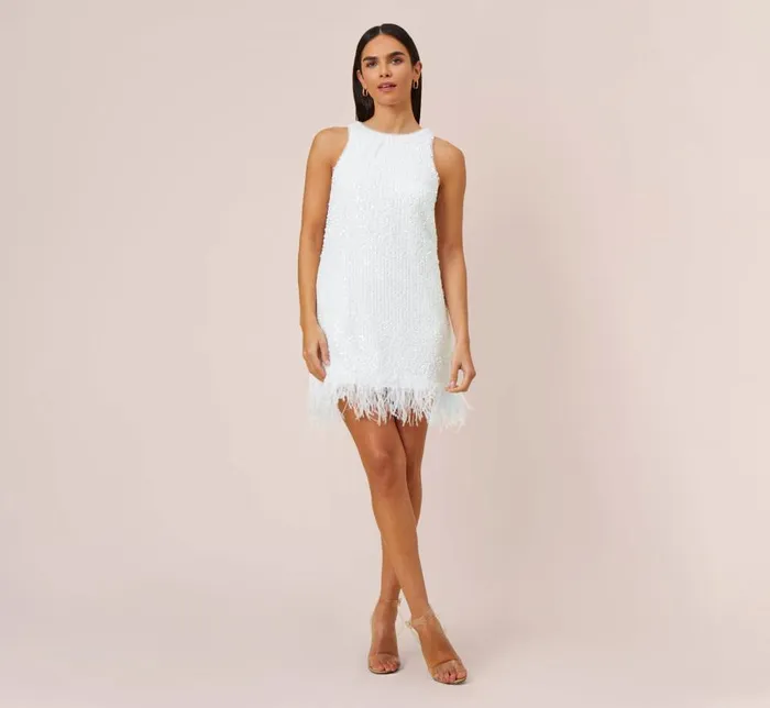 Short Dresses Womens Adrianna Papell Sequined Trapeze Halter Dress With Feather Trim In Ivory Short Dresses Womens Adrianna Papell Sequined Trapeze Halter Dress With Feather Trim In Ivory